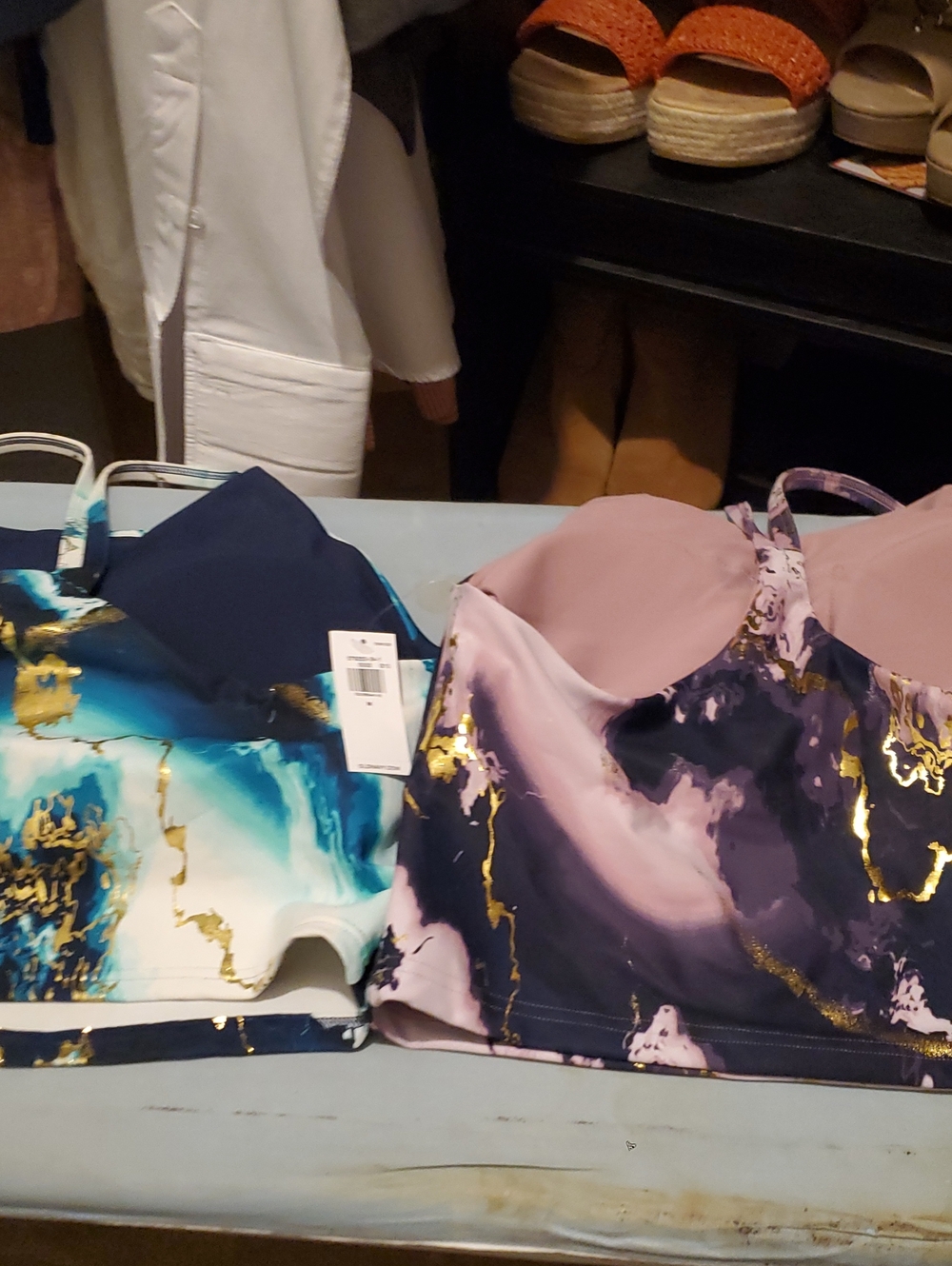Work Out Tops Marble-Print Strappy Camisole in Pink and Navy
